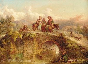 Travellers Crossing A Bridge With An Angler On A River Bank — Paul Jones