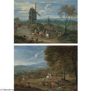 An Extensive Landscape With Peasants Selling Fruit Before A Series Of Windmills