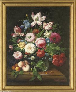 Roses, Camellia, Iris, Parrot Tulips And Morning Glory In A Glass Vase, With Peaches — Thomas George Webster