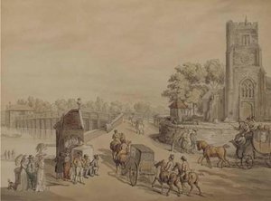 Bustling Activity Before St. Mary's Church With Putney Bridge Beyond — Thomas Rowlandson
