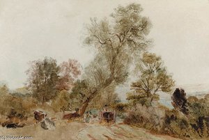 Figures And A Horse And Cart On A Country Track — Peter De Wint