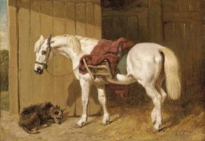 A Grey Pony With A Dog By A Stable Door — John Frederick Herring Senior