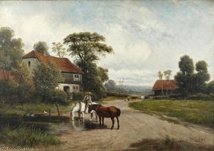 Horses Watering In A Rural Landscape — Claude Cardon