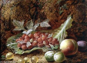 Still Life Of Raspberries, Gooseberries, Peach — Oliver Clare