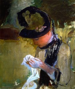 Woman In Black And Green Bonnet, Sewing — Mary Stevenson Cassatt, Impressionist Movement