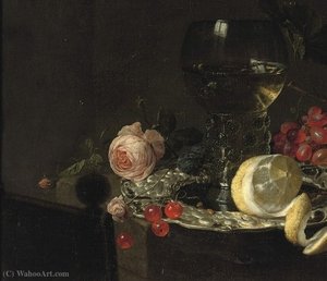 A 'Roemer' with white wine, a partially peeled lemon, cherries and other fruit on a silver plate with a rose and grapes on a stone ledge
