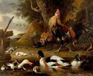 Two Fowls And Ducks On A Pond — Melchior De Hondecoetter