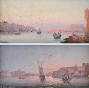 Pair Of Works Featuring Scenes Of Valetta Harbour, Malta — Luigi Maria Galea