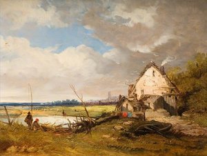 Anglers By A Cottage On A River Bank — James Netherlands