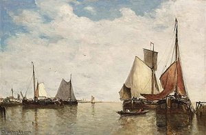 Moored Ships In A Small Harbour — Paul Jean Clays