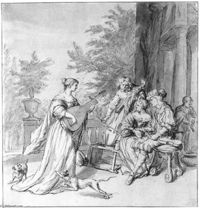 Elegant Company Making Music On A Terrace — Nicolaas Verkolje