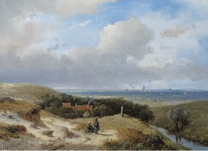 A Panoramic Summer Landscape With Travellers Resting In The Dunes — Andreas Schelfhout, Realism