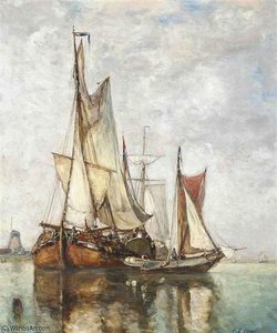 Barges Moored Before A Windmill — Paul Jean Clays