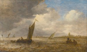 An estuary scene with small Dutch vessels and a church and a castle, possibly Loevestein on the far shore