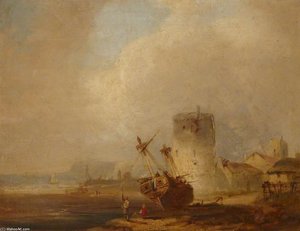 Coast Scene With A Boat Beached By A Martello Tower — Alfred George Stannard