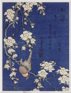 Bullfinch And Weeping Cherry Blossoms — Katsushika Hokusai