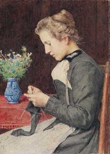 Strickende Junge Frau Mit Blumenstrauss — Albert Samuel Anker