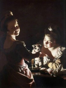 Two Girls Dressing A Kitten By Candlelight Alternative Title Dressing The Kitten — Joseph Wright Of Derby