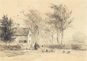 A Figure Feeding Chickens Before A Cottage — David Cox