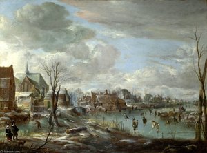 A Frozen River Near A Village, With Golfers And Skaters — Aert Van Der Neer