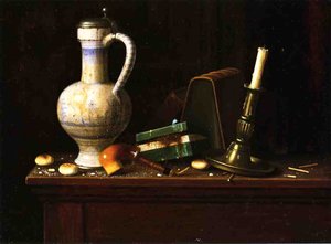 Still Life With Blue And White Pitcher, Tobacco Case And Pipe — William Michael Harnett