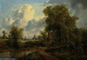 Wooded Landscape With Figures By A Cottage And A Church Beyond — Frederick Waters (william) Watts, Romanticism