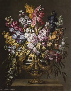 A Pair Of Still Lifes Of Flowers In Elaborate Gilt Urns, Each On A Stone Pedestal — Gabriel De La Corte