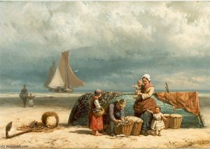 Vissersgezin Op Het Strand