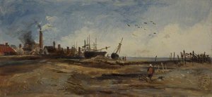 Beach With Village, Boats And A Walking Figure — George Hornblower Simms, Realism