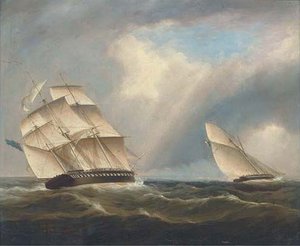 A Frigate Of The Royal Navy Pursuing A French Naval Sloop — Thomas Buttersworth, Romanticism