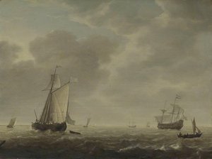 A Dutch Man Of War And Various Vessels In A Breeze — Simon Jacobsz De Vlieger