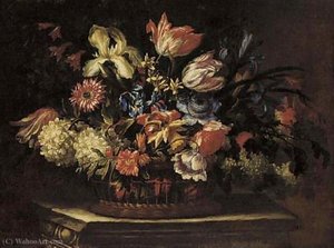 Tulips, Irises, Daffodils, Poppies And Other Flowers In A Basket On A Plinth — Cornelis Kick