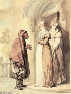 An Old Woman With Two Girls At A Doorway — Thomas Rowlandson