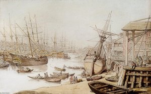 A View On The Thames With Numerous Ships And Figures On The Wharf — Thomas Rowlandson