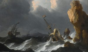 A shipwreck in a heavy storm along a rocky coast