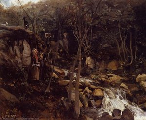 Lormes - A Waterfall With A Standing Peasant, Spinning Wool — Jean-baptiste-camille Corot