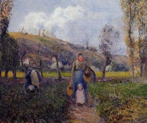 Peasant Woman And Child Harvesting The Fields, Pontoise — Camille Pissarro