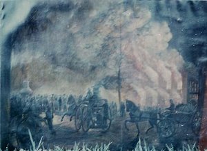 Upton Manufacturing Company, Jackson Street, Battle Creek, On Fire, July 12, 1882, (painting) — Franklin C Courter