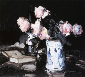 Roses In A Blue And White Vase, Black Background — Samuel John Peploe