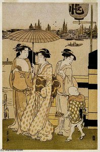 Three Women and a Boy Along the Sumida River