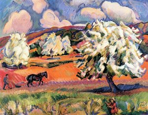 Landscape with Trees, Flowers and Peasant with Plough