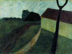 Twilight landscape with house and branch fork