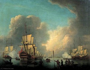 Embarkation Of Troops, Ships At Anchor Firing The Evening Salute — Peter Monamy