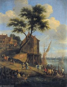 Figures Disembarking From A Ferry With Their Horses