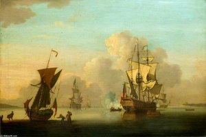 Sea Piece - English Frigates At Anchor In A Calm, Saluting — Francis Swaine