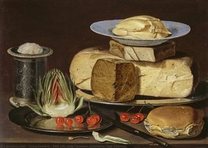 Still Life With Cheeses, Artichoke, And Cherries — Clara Peeters, Baroque