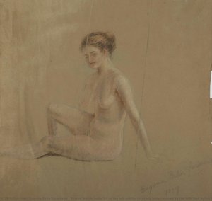 Seated Female Nude 3/4 Of The Left Profile, Right Leg Bent, Covered By The Left, Foot By Cut Leaf, Around The Neck And Face Touch Turquoise. — Eugenia Belín Sarmiento, Impressionism