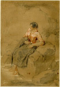 Young peasant woman sitting on a rock