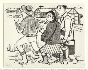Walking With Guide To Barrack 16, Room 50, Tanforan Assembly Center, San Bruno, California, 1942 — Miné Okubo