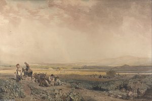 Harvesters In Landscape In Sussex — Peter De Wint